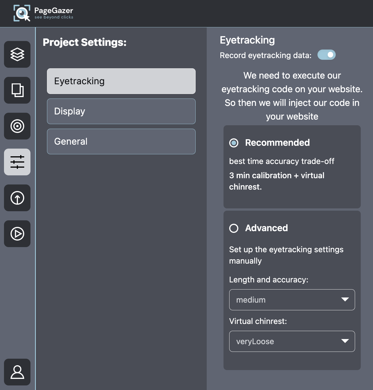 Settings from PageGazer’s remote eye tracking that ultimately allow you to control important aspects of eye tracking for online research.