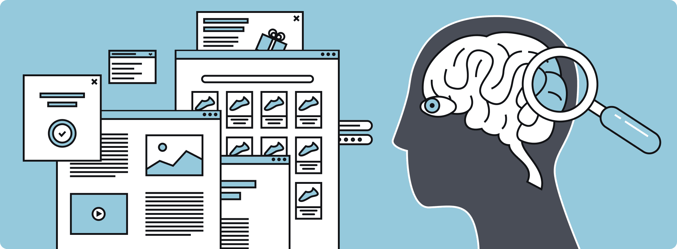 Illustration of a website and a brain looking at it as a magnifying glass studies online behavior